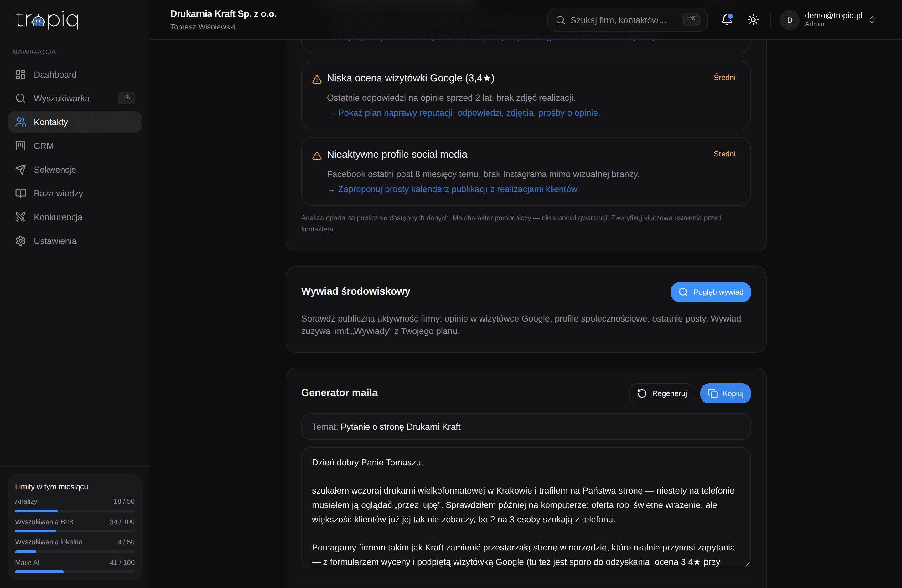 Karta kontaktu Tropiq — kontekst firmy i powód do rozmowy