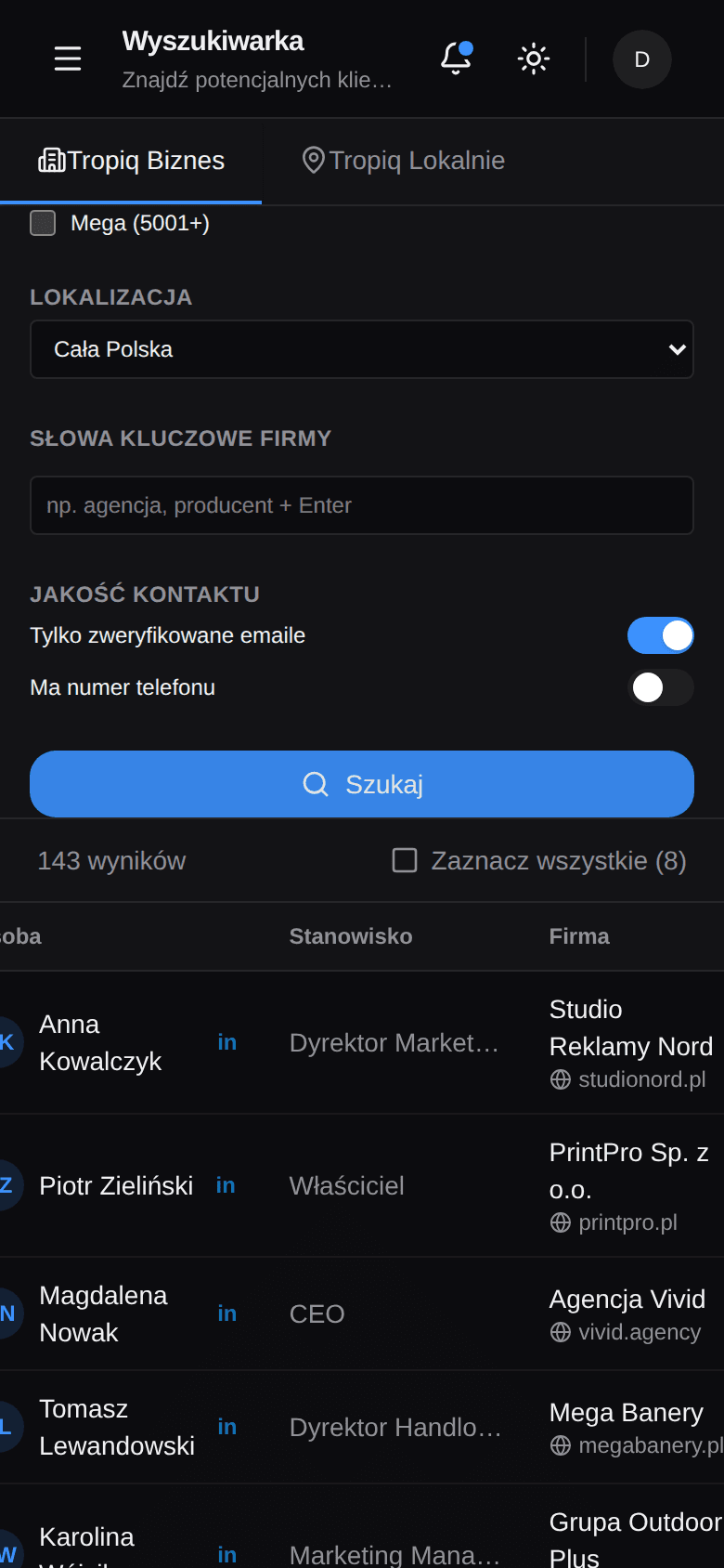 Wyszukiwarka leadów Tropiq na telefonie — filtry i lista wyników
