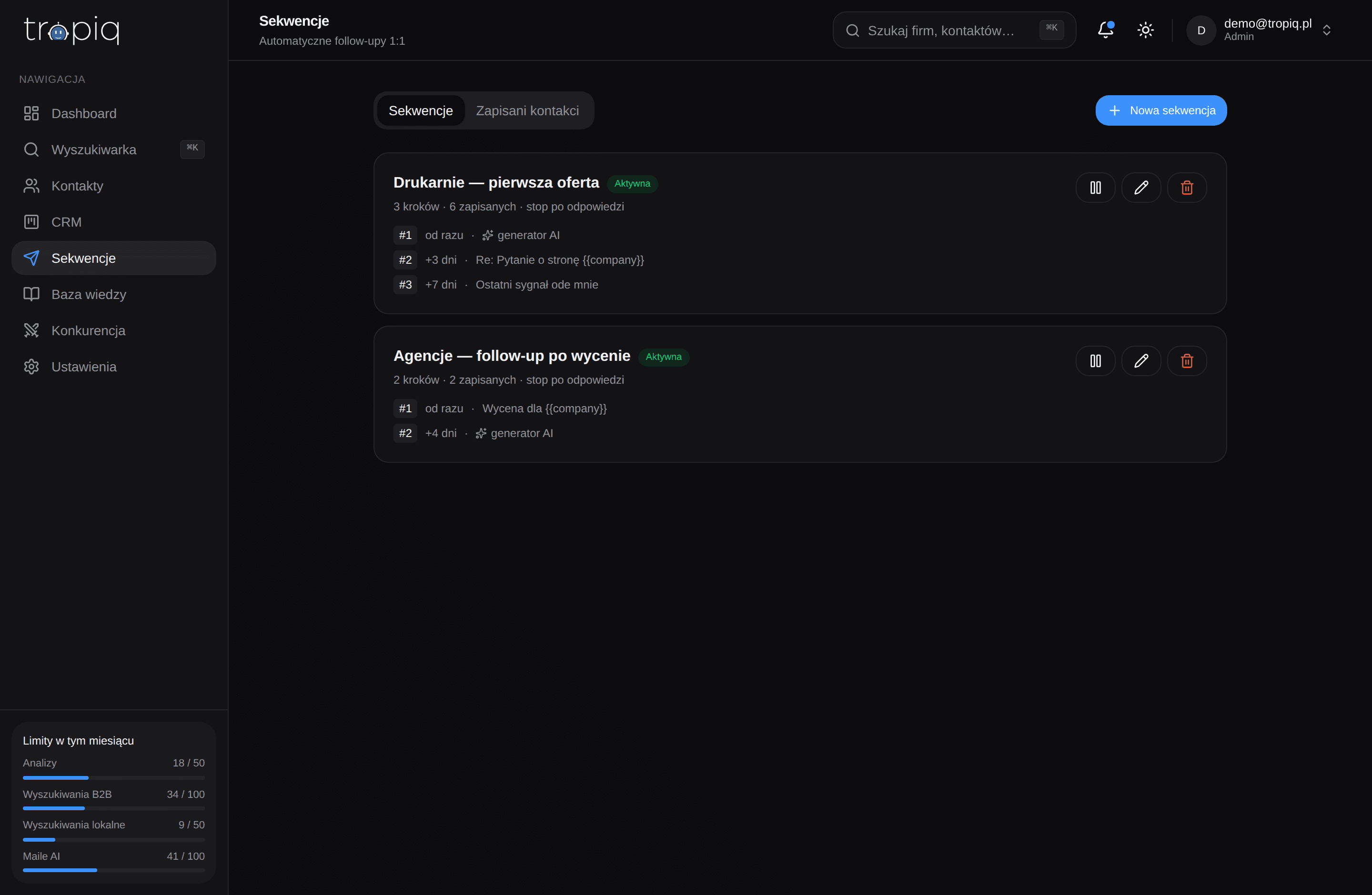 Generator wiadomości i sekwencje w Tropiq — follow-upy i lista kontaktów
